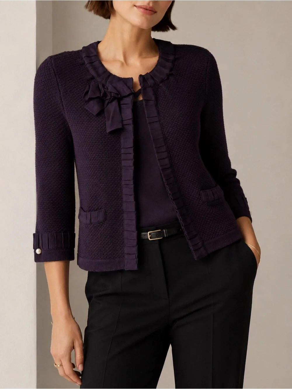 EUC Ann Taylor Plum Knit Cardigan with Neck Bow and pockets size medium - Picture 1 of 9